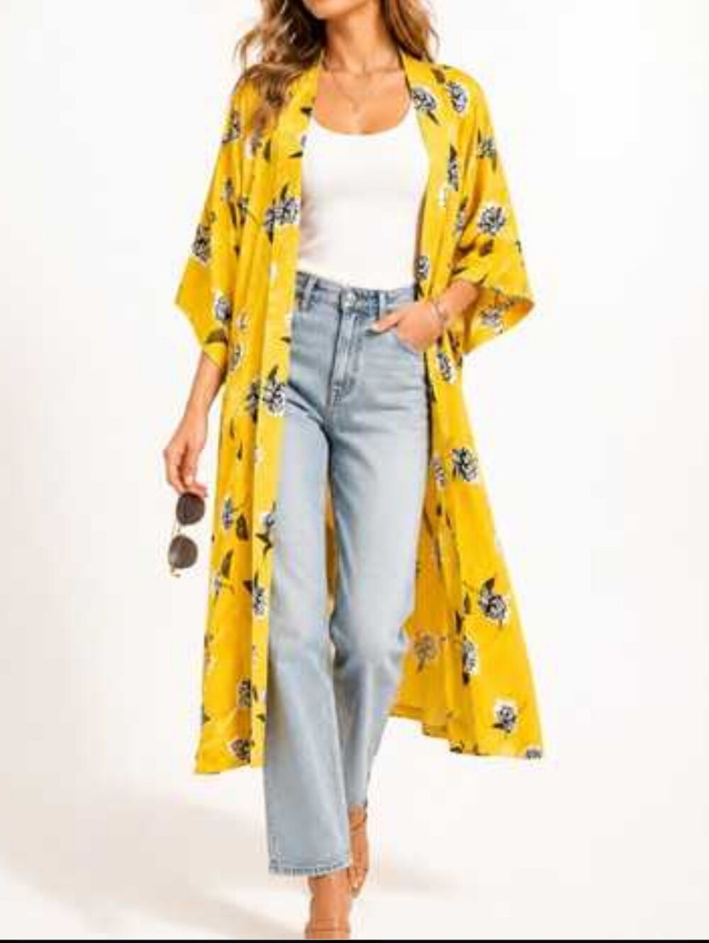 Yellow Floral Lightweight Draped Kimono - Unbranded